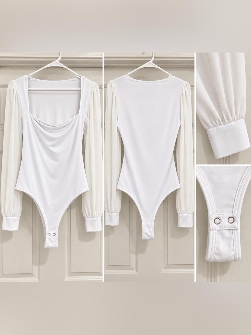 Draped Neck White Long-Sleeve Bodysuit